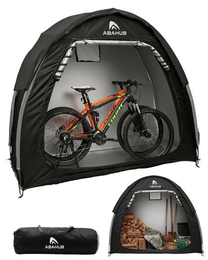 Abahub portable bike storage shed tent set up outdoors with two bikes protecting gear from weather
