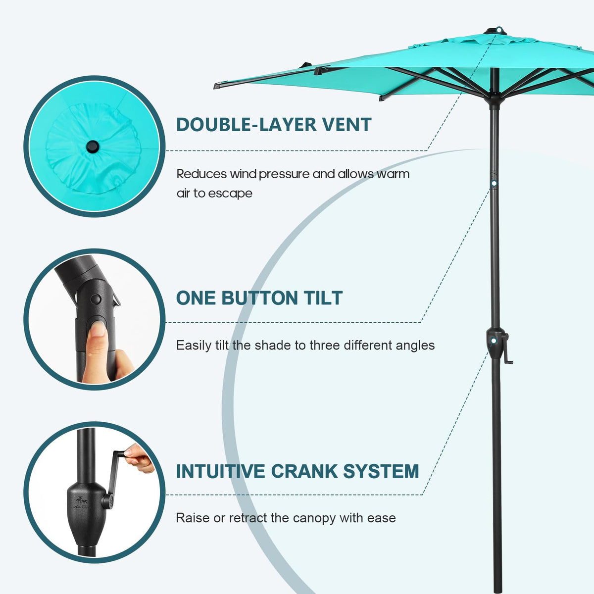 Abba Patio Lyon umbrella crank operation enables easy height adjustment.