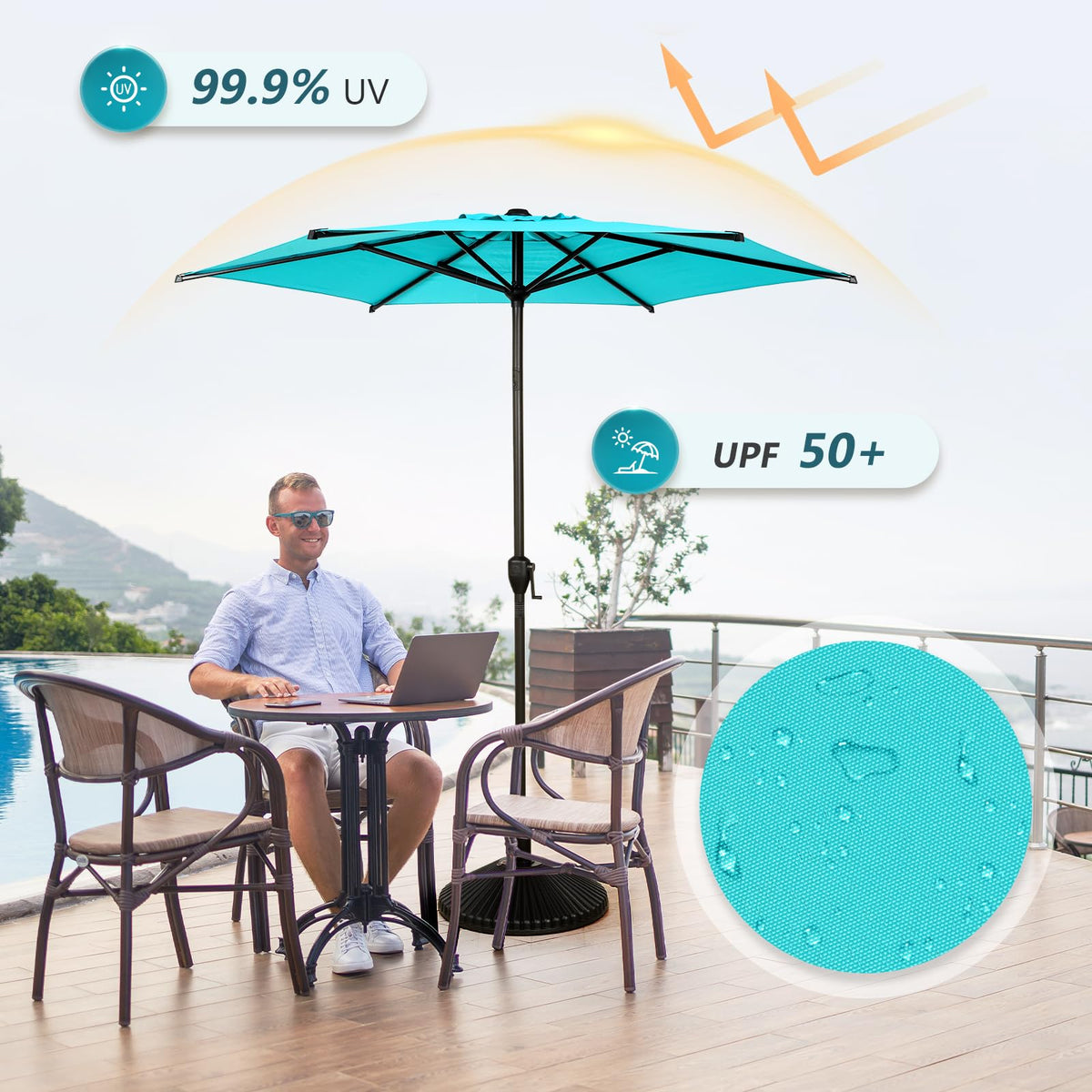 Abba Patio Lyon umbrella tilt feature allows flexible sun coverage.