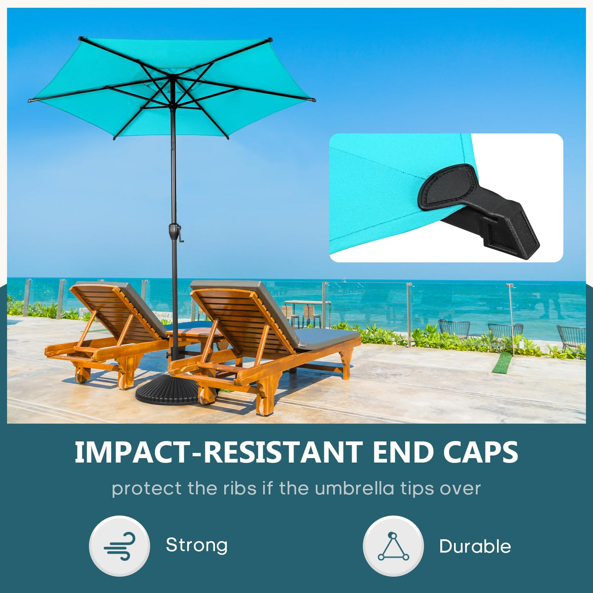 Abba Patio Lyon umbrella vented canopy promotes airflow and rain shelter.