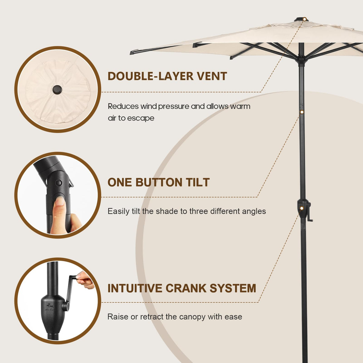 Abba Patio Lyon 7.5ft umbrella with crank lift enables easy height and angle adjustments.
