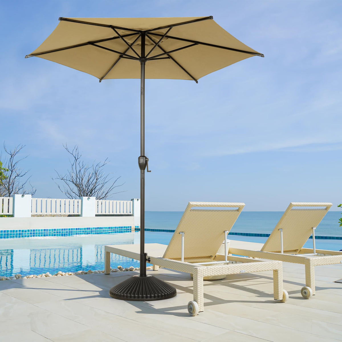 Abba Patio Lyon umbrella aluminum ribs highlight durability in windy weather.