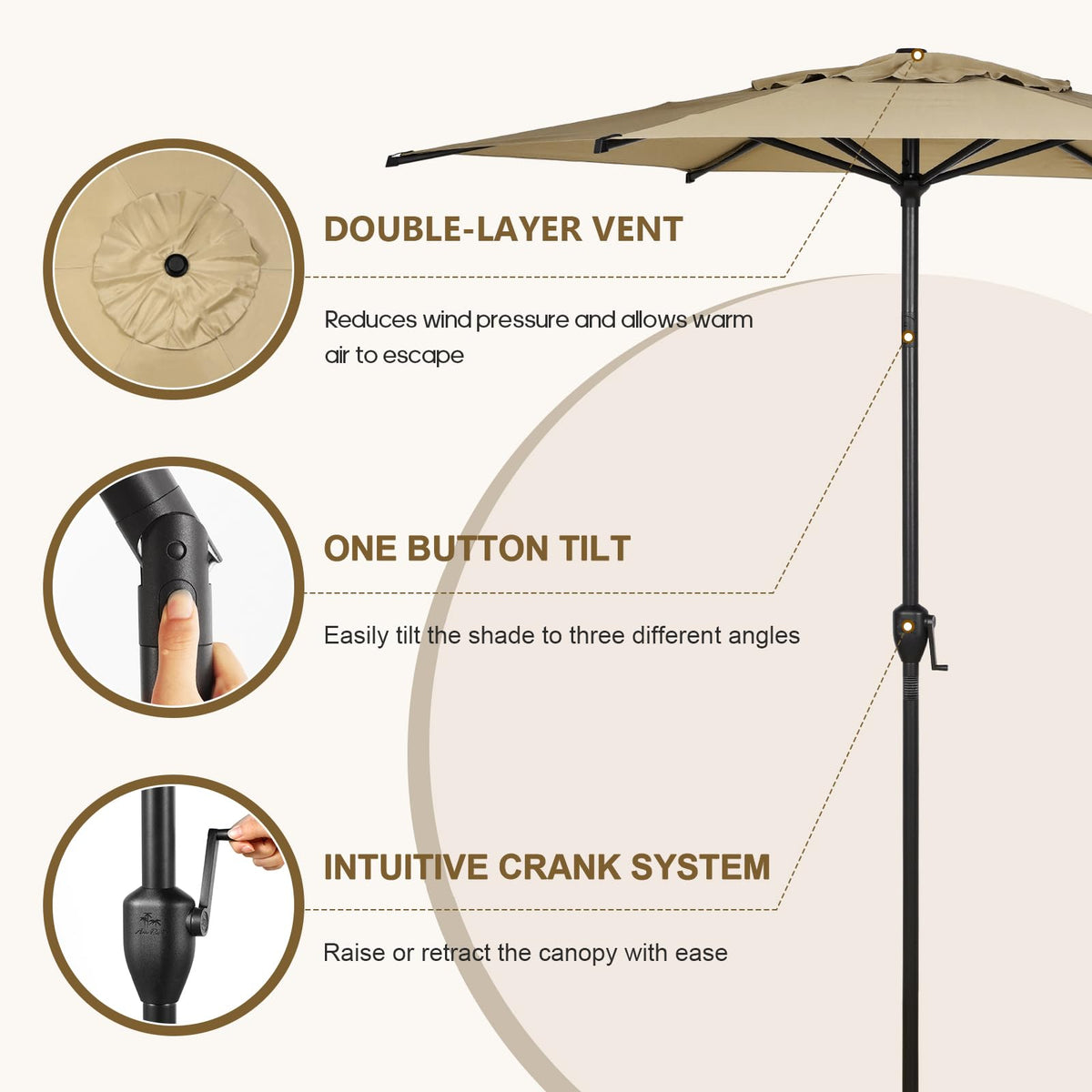 Abba Patio Lyon umbrella crank handle in action for easy height control.