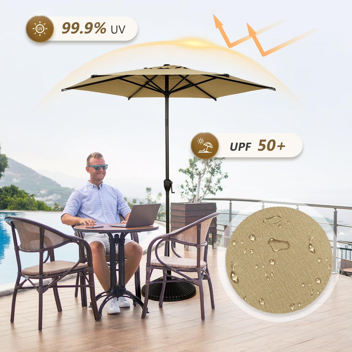 Abba Patio Lyon tilt button demonstrates adjustable shading on sunny days.