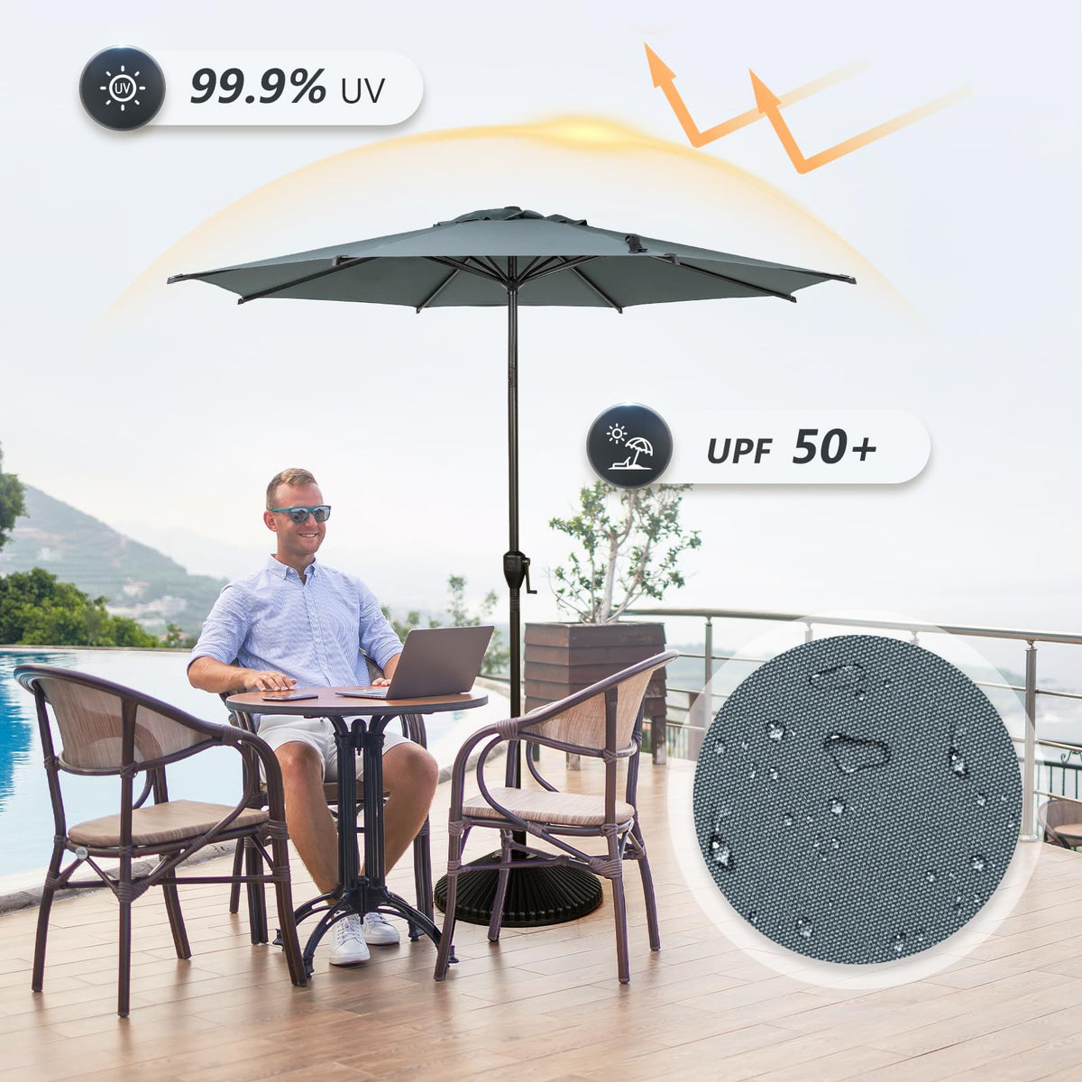 Abba Patio Lyon umbrella UV protection fabric blocks harsh sun.