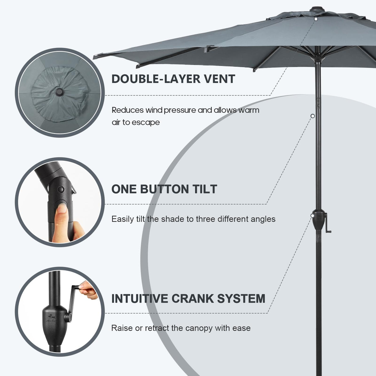 Abba Patio Lyon umbrella vented canopy improves airflow on hot days.