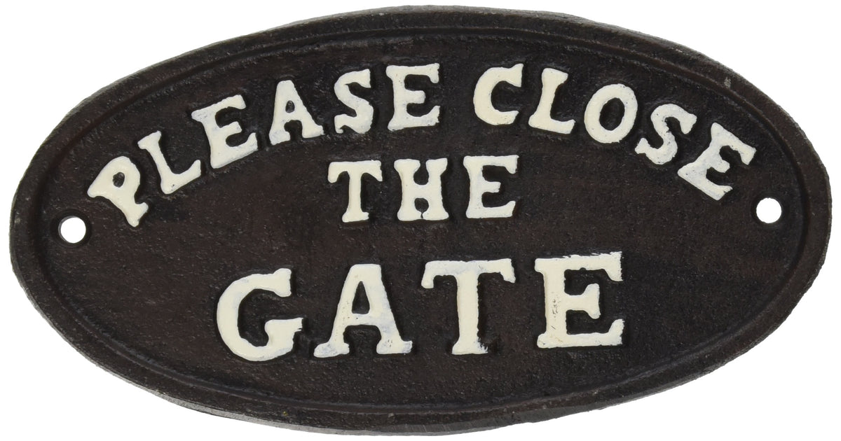 Abbott Collection cast iron oval plaque, Please Close The Gate, for garden or doorway use and weather resistance.