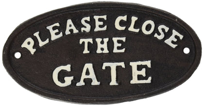 Abbott Collection cast iron oval plaque, Please Close The Gate, for garden or doorway use and weather resistance.