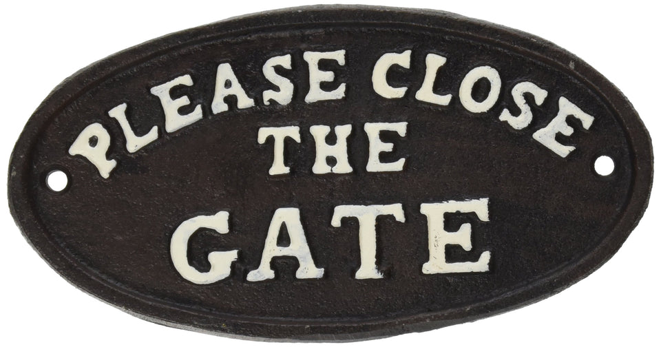 Abbott Collection cast iron oval plaque, Please Close The Gate, for garden or doorway use and weather resistance.