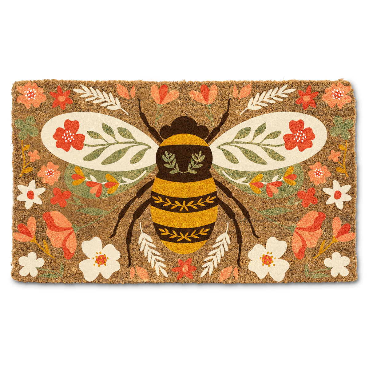 Abbott Collection Floral Bee Doormat front view with vibrant blooms brighten entrances.