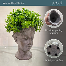Abbott Collection Goddess Head Planter grey, close-up of face detail for decor.