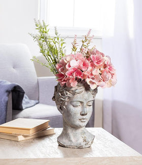Close-up details of Abbott Collection Goddess Head Planter, grey with Greco-Roman styling.