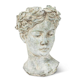 Abbott Collection Goddess Head Planter, large grey, front view showing sculpture detail and opening.