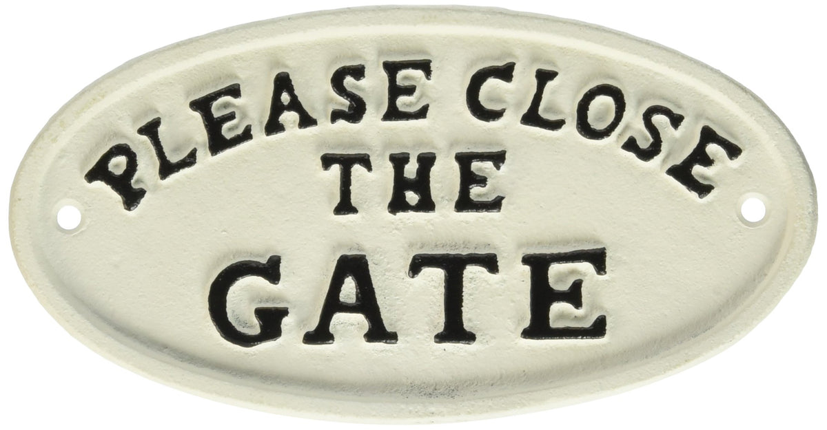 Abbott Collection oval close the gate sign, durable cast iron decor for doors, gates, or fences.