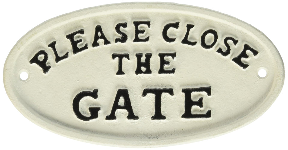 Abbott Collection oval close the gate sign, durable cast iron decor for doors, gates, or fences.