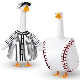 Abbylike baseball goose outfit on a lawn statue adds festive charm.