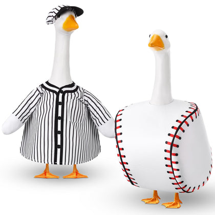 Abbylike baseball goose outfit on a lawn statue adds festive charm.