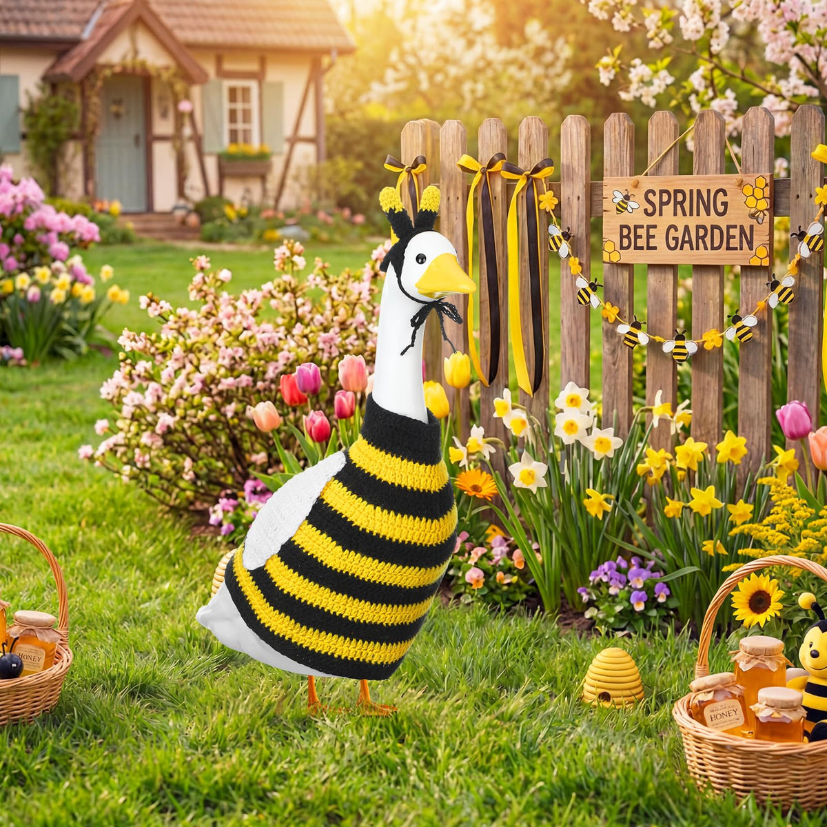 Abbylike bee outfit with hat completes the seasonal porch decor.