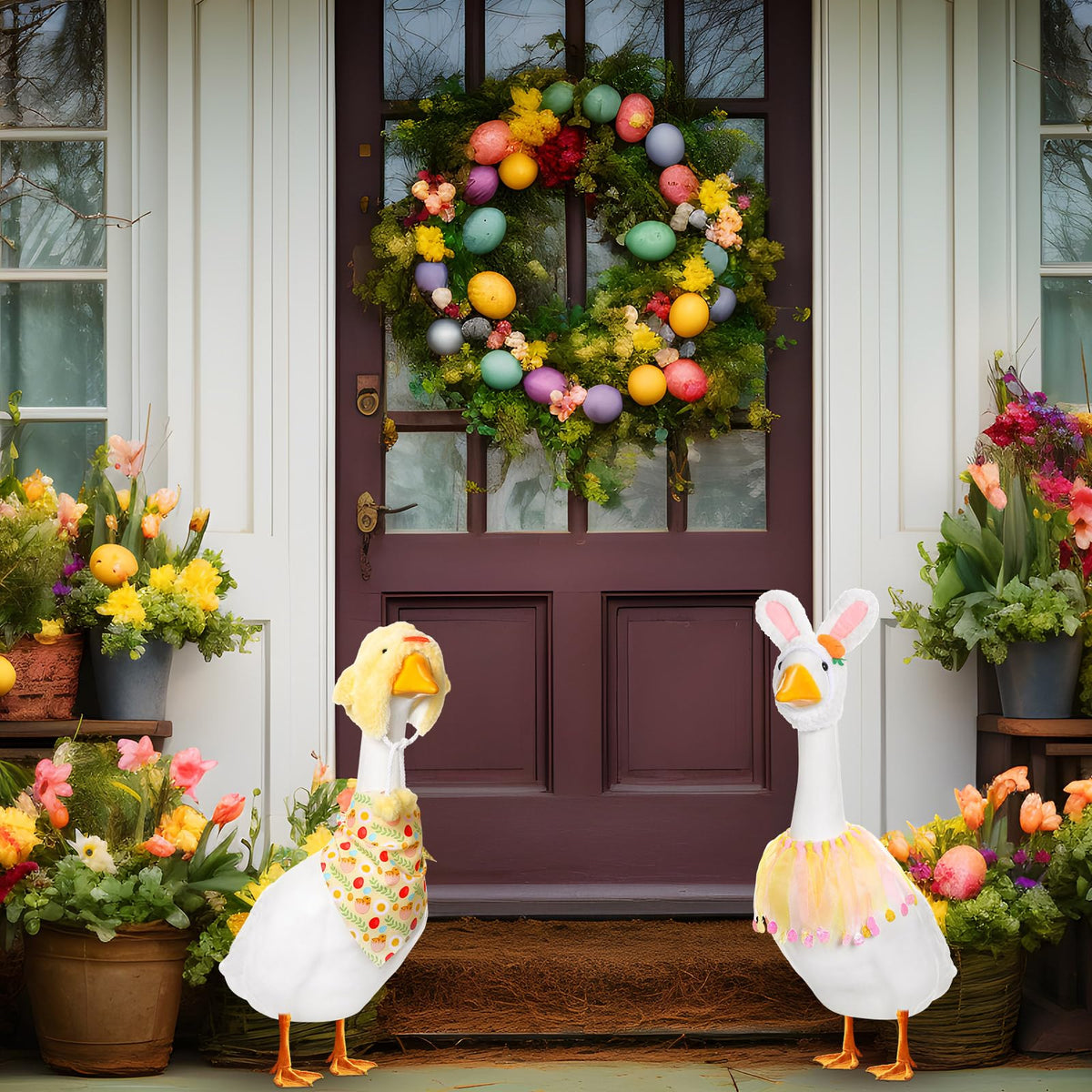 Abbylike Easter goose outfit on-lawn setup fits most goose statues easily.