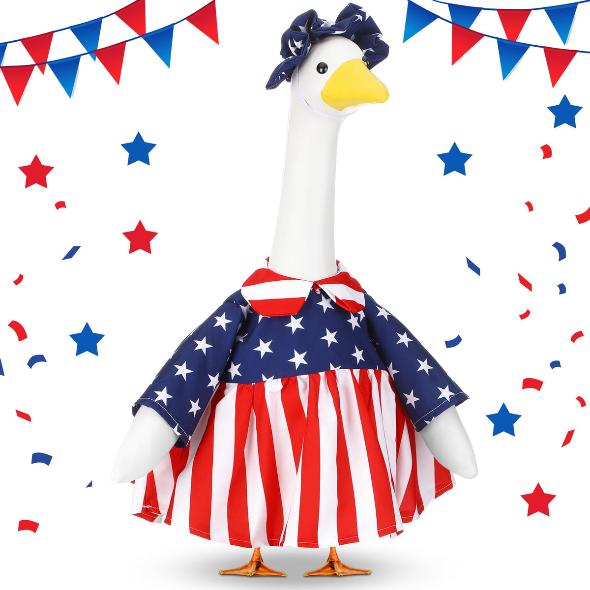 Abbylike fourth of july goose outfit in red white blue ensemble for outdoor display.