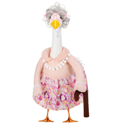 Abbylike old lady goose outfit with pink sunglasses enhances outdoor porch decor.