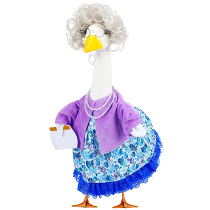 Abbylike old lady goose outfit on a 23-inch goose for festive porch display