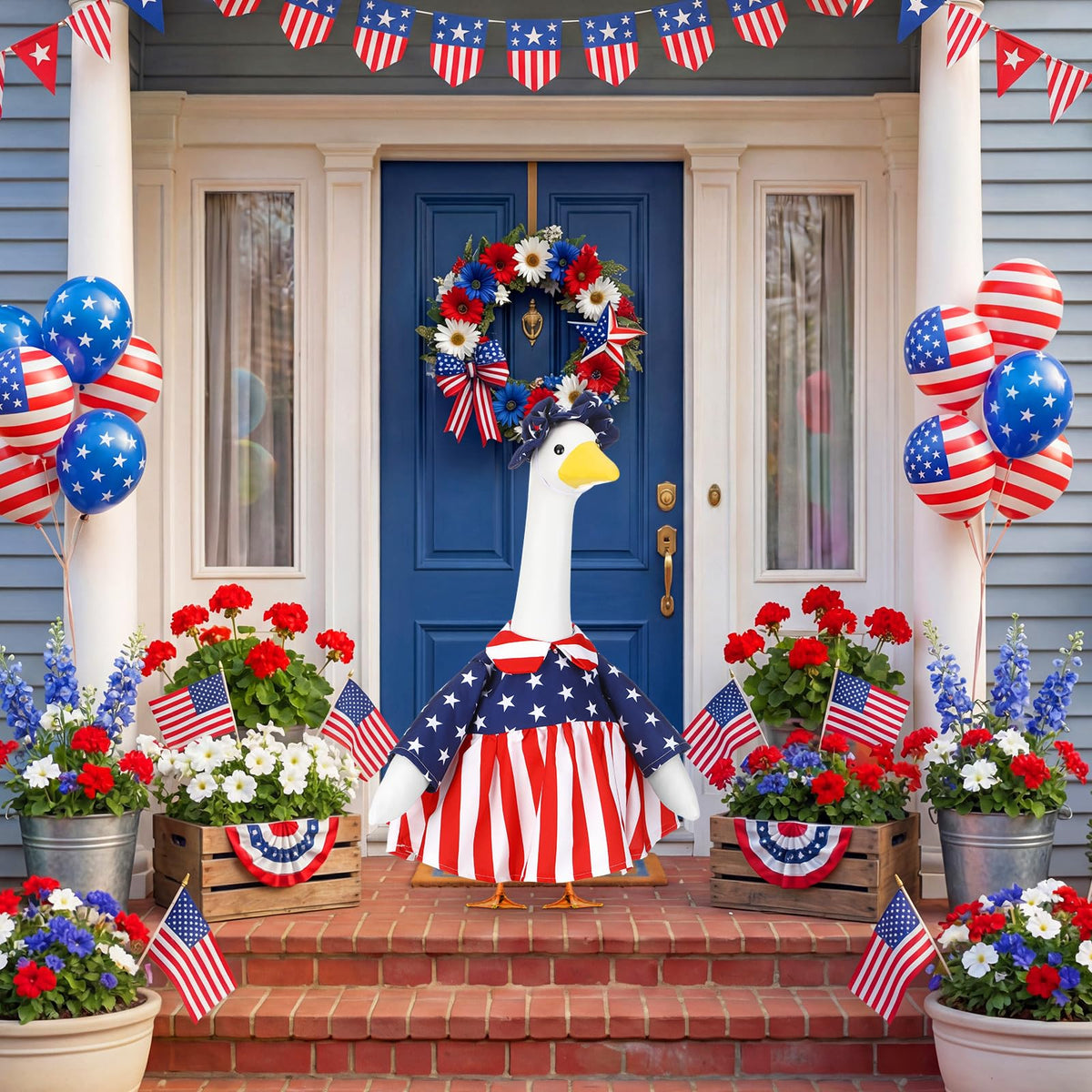 Abbylike 23-inch goose outfit in red white blue ideal for lawn statues.