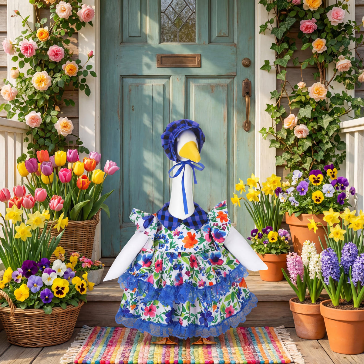 Abbylike spring goose hat completes the floral costume for outdoor displays