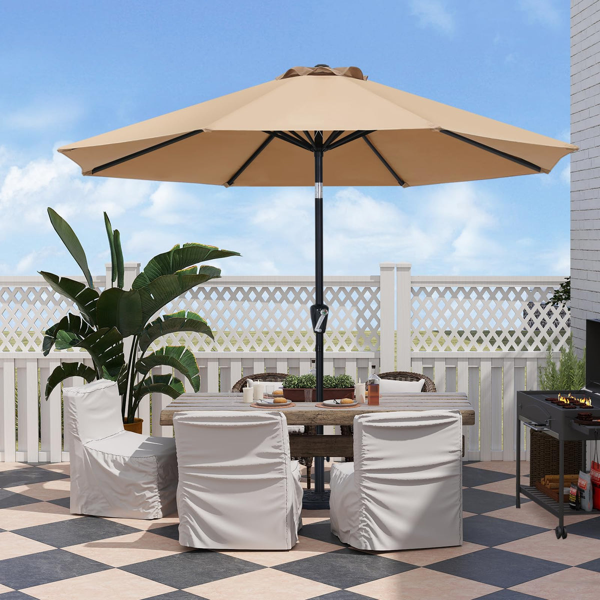 ABCCANOPY 10ft diameter shade area covers 3–5 chairs.