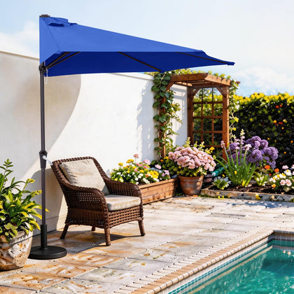 ABCCANOPY 11ft half umbrella with blue fabric offers sun protection for patios.