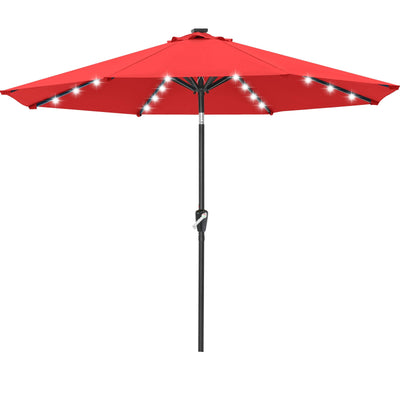 ABCCANOPY 11ft red solar LED umbrella top view with evening lighting.