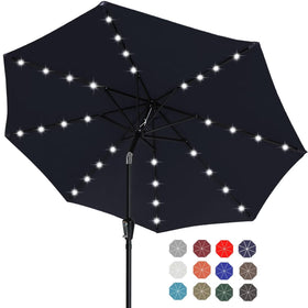 ABCCANOPY 9ft deep blue solar-led patio umbrella provides extended shade.