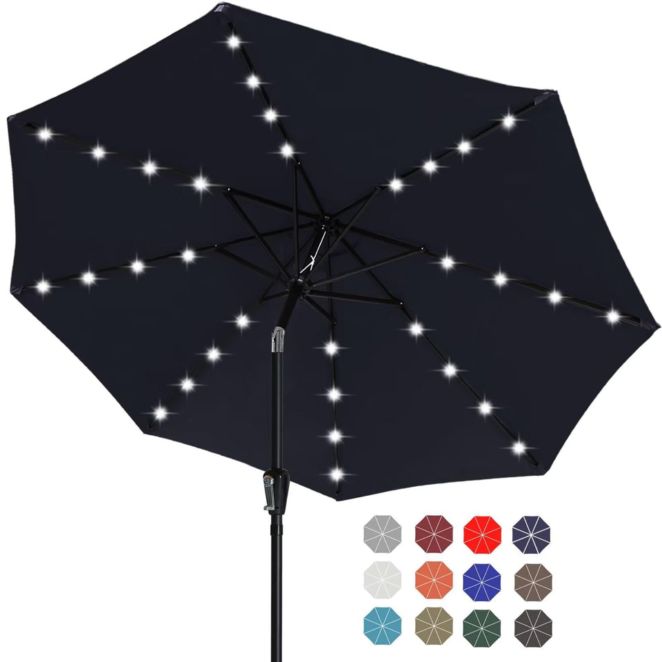 ABCCANOPY 9ft deep blue solar-led patio umbrella provides extended shade.