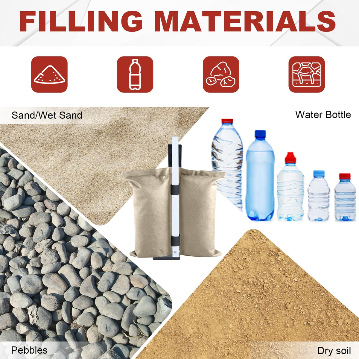 ABCCANOPY flexible weight bag holds sand, rocks, or dirt on varied surfaces.