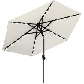 ABCCANOPY solar LED patio umbrella in light beige provides ambient evening lighting.