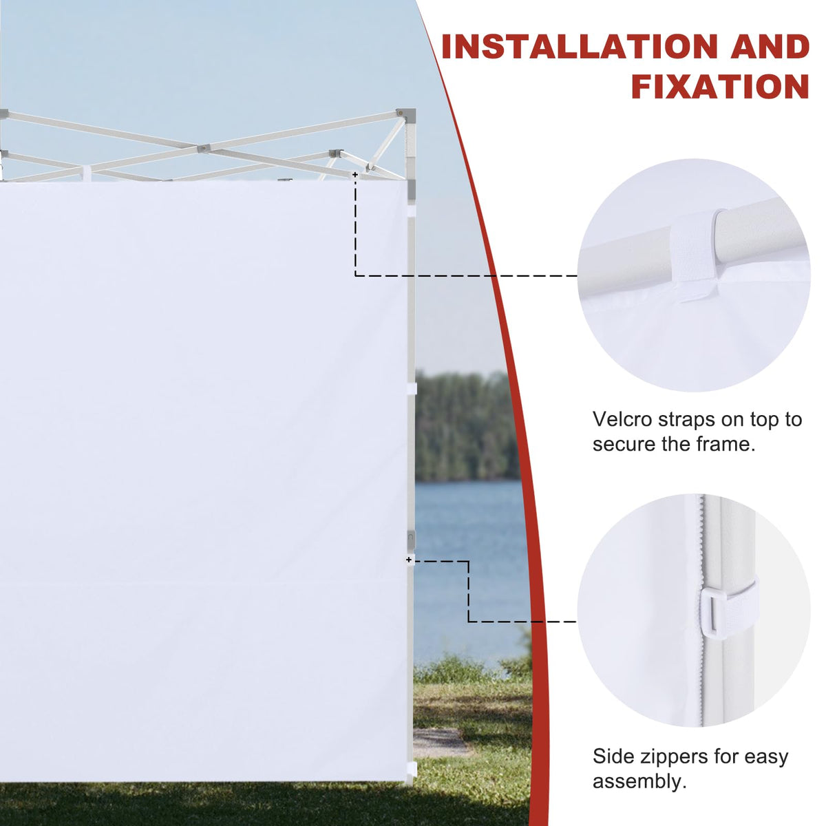 ABCCANOPY SunWall easy installation with top Velcro and bottom straps.