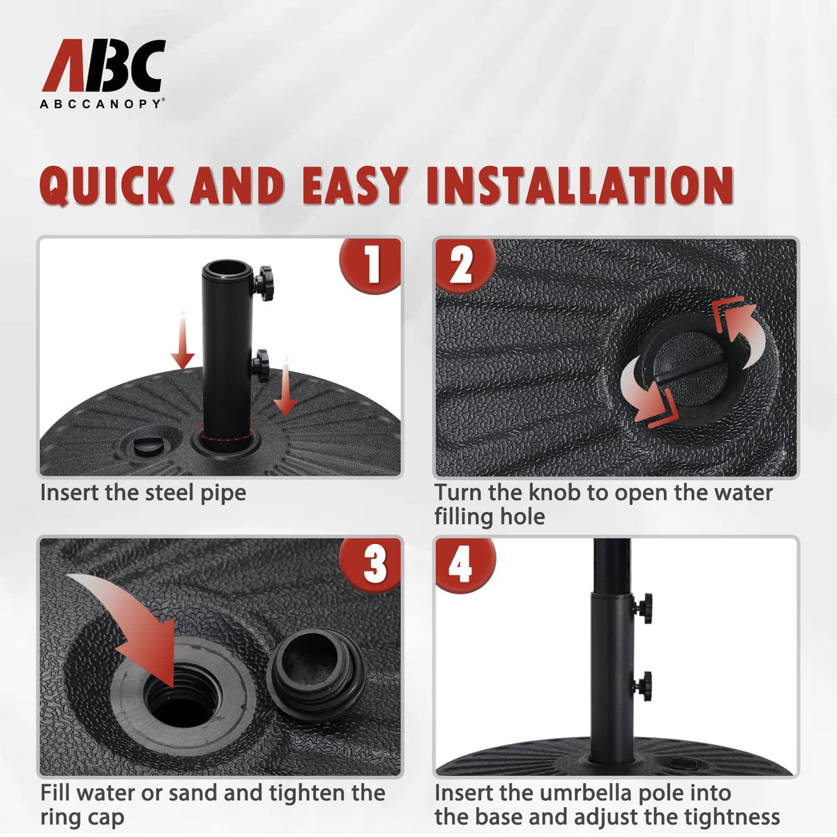 ABCCANOPY base weighs 48.5 pounds when filled for solid stability.