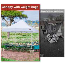 ABCCANOPY weight bag shown on grass and sand surfaces for versatile anchoring.
