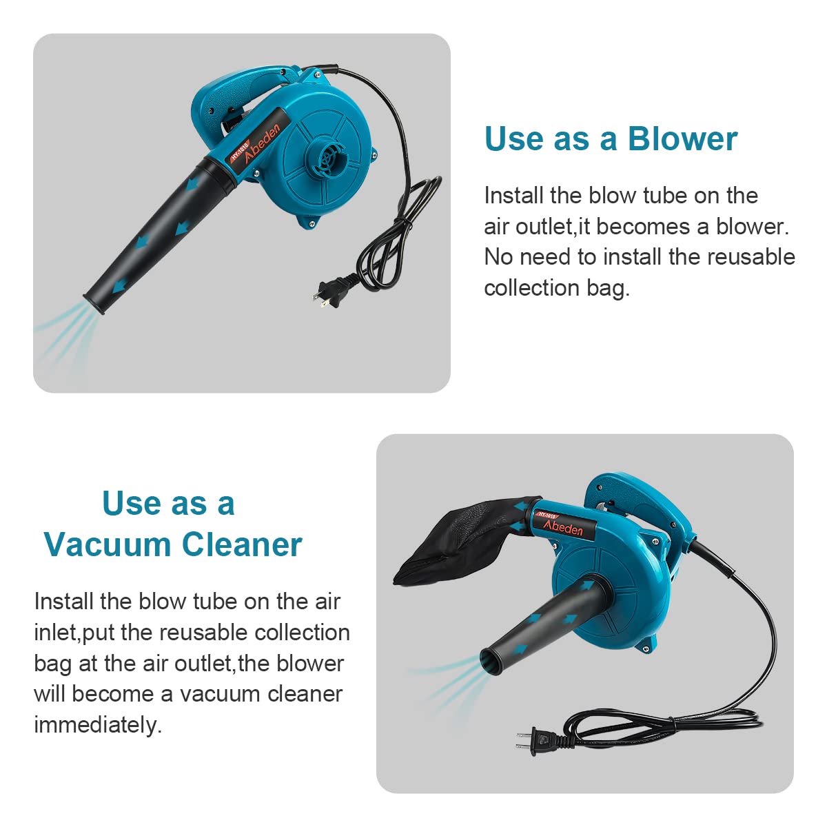 Abeden corded leaf blower 2-in-1 setup, switches quickly between blower and vacuum.
