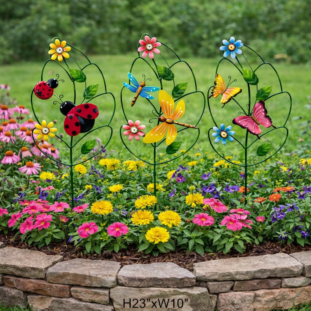 ABELOTS three piece garden stake set shown in a sunny yard