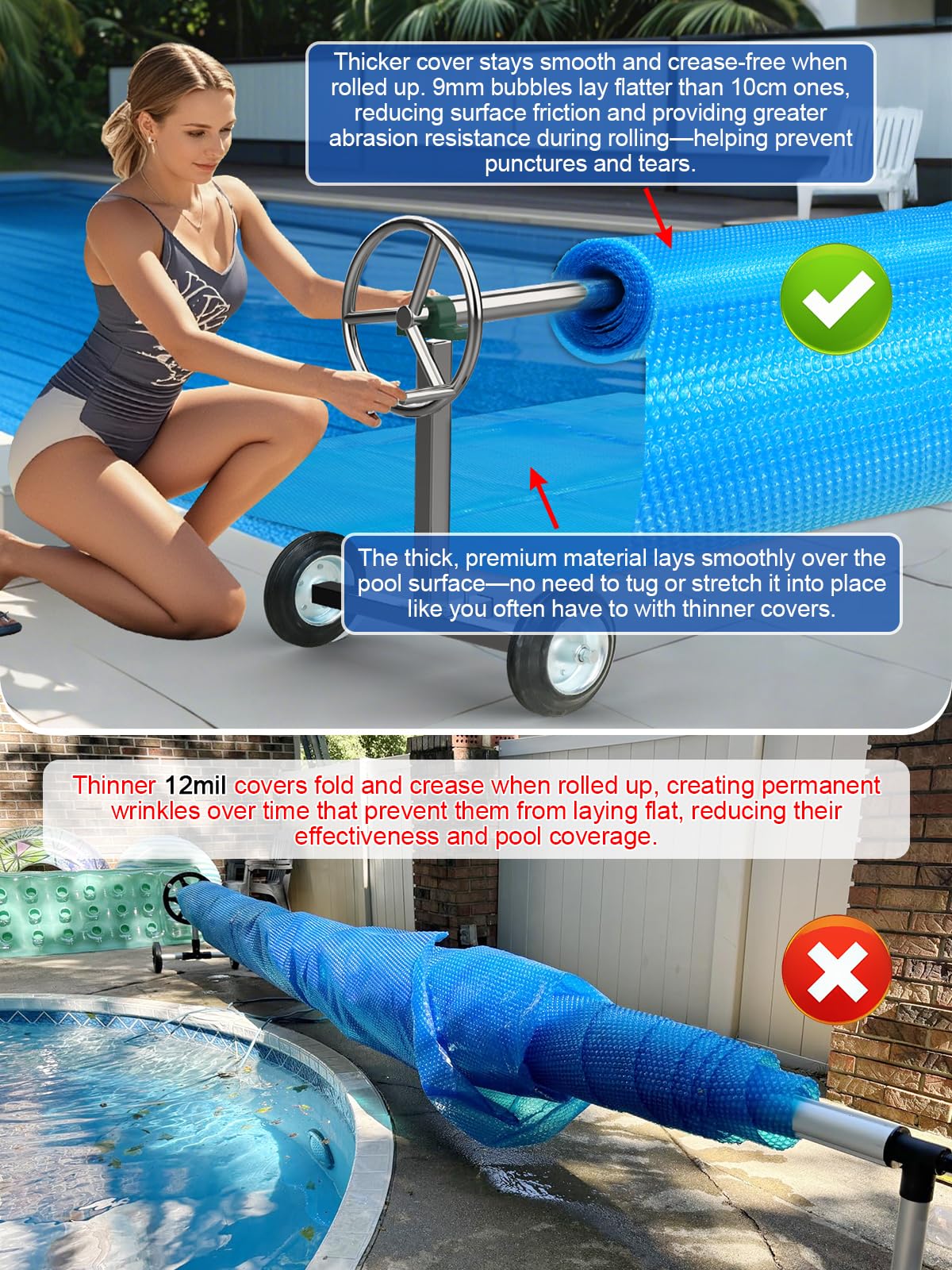 Abimars 16mil solar pool cover extends the swimming season with efficient heat retention.