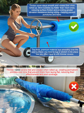 Abimars 16mil solar pool cover extends the swimming season with efficient heat retention.