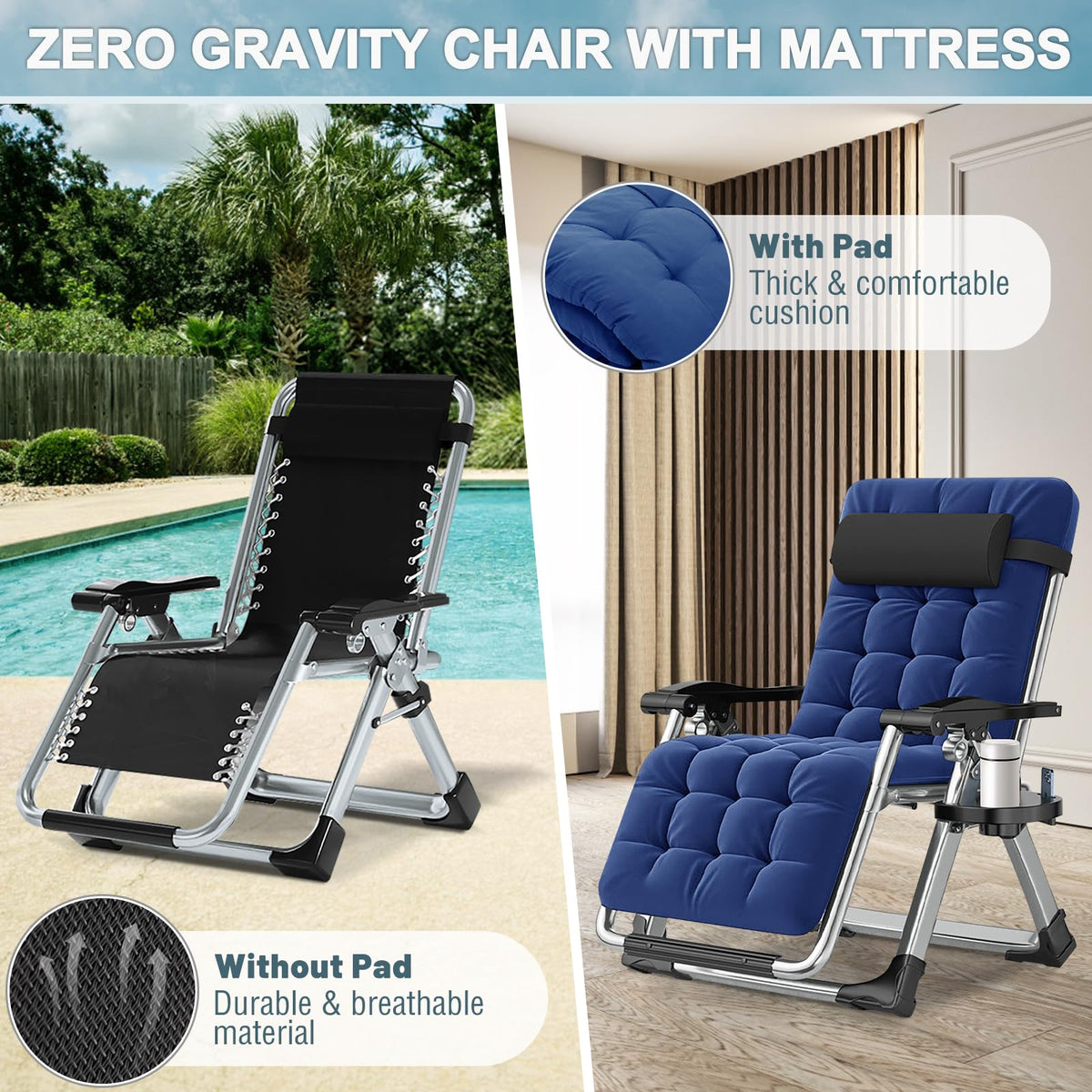 ABORON Zero Gravity Chair removable cushion offers year-round comfort