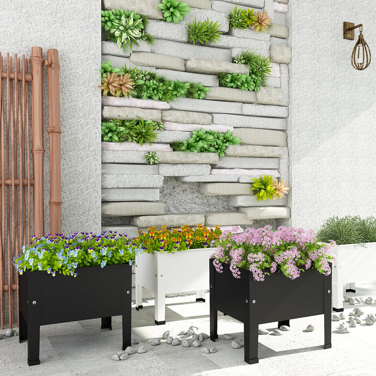 aboxoo durable black metal planter enhances a patio look while hosting thriving plants