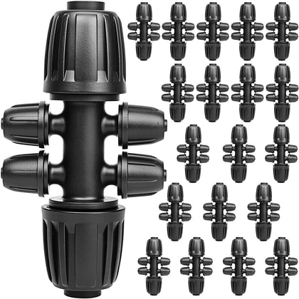Abuntor 6-way drip tee connector for irrigation setup.