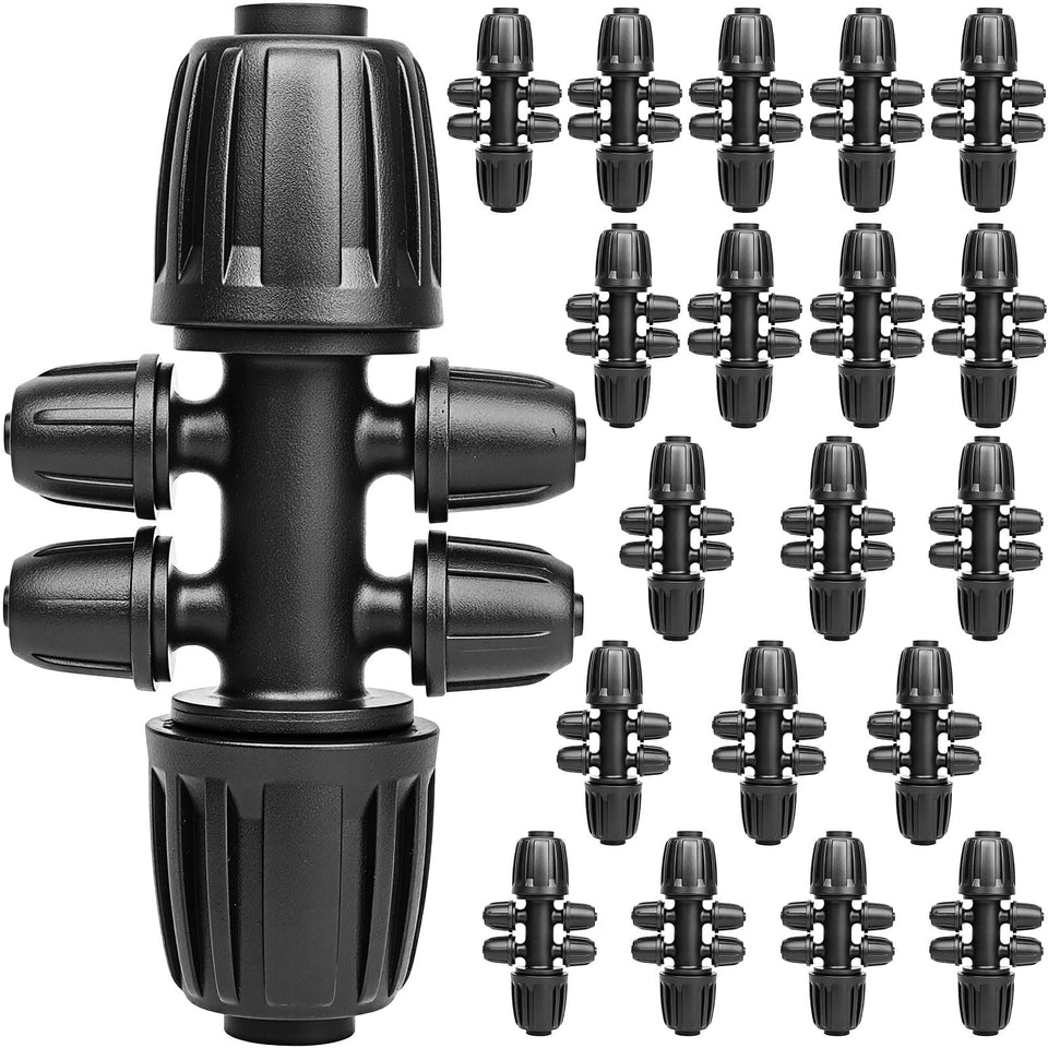 Abuntor 6-way drip tee connector for irrigation setup.