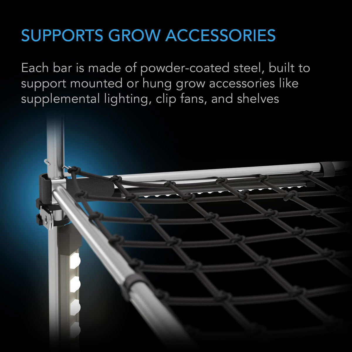 AC Infinity bars supporting clip-on fans to improve airflow.