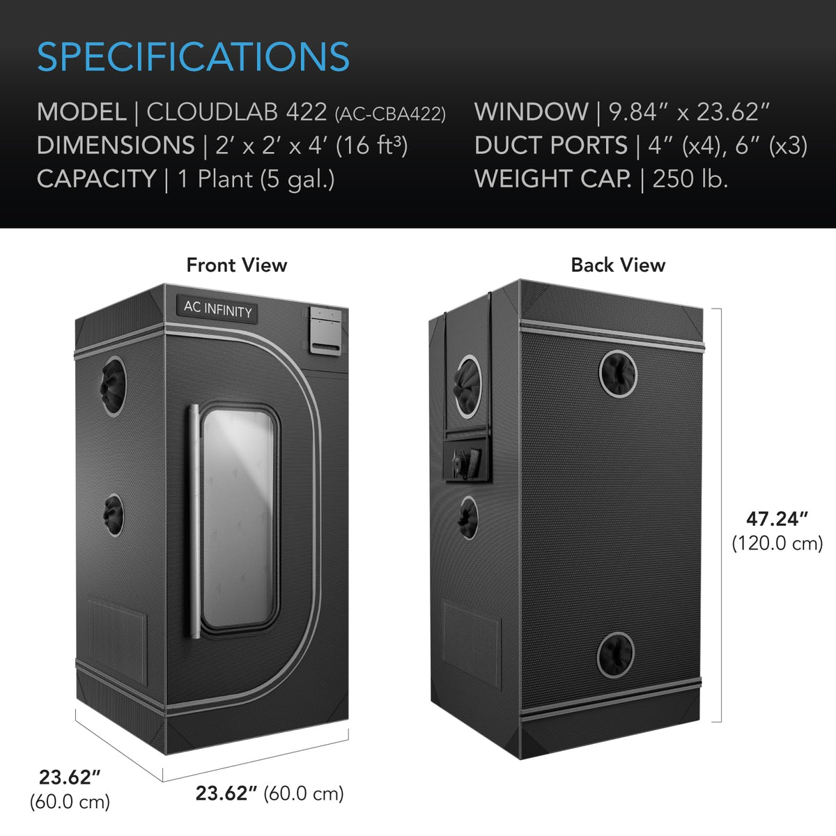 AC Infinity CLOUDLAB 422 duct ports and controller area for climate accessories.