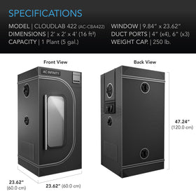 AC Infinity CLOUDLAB 422 duct ports and controller area for climate accessories.