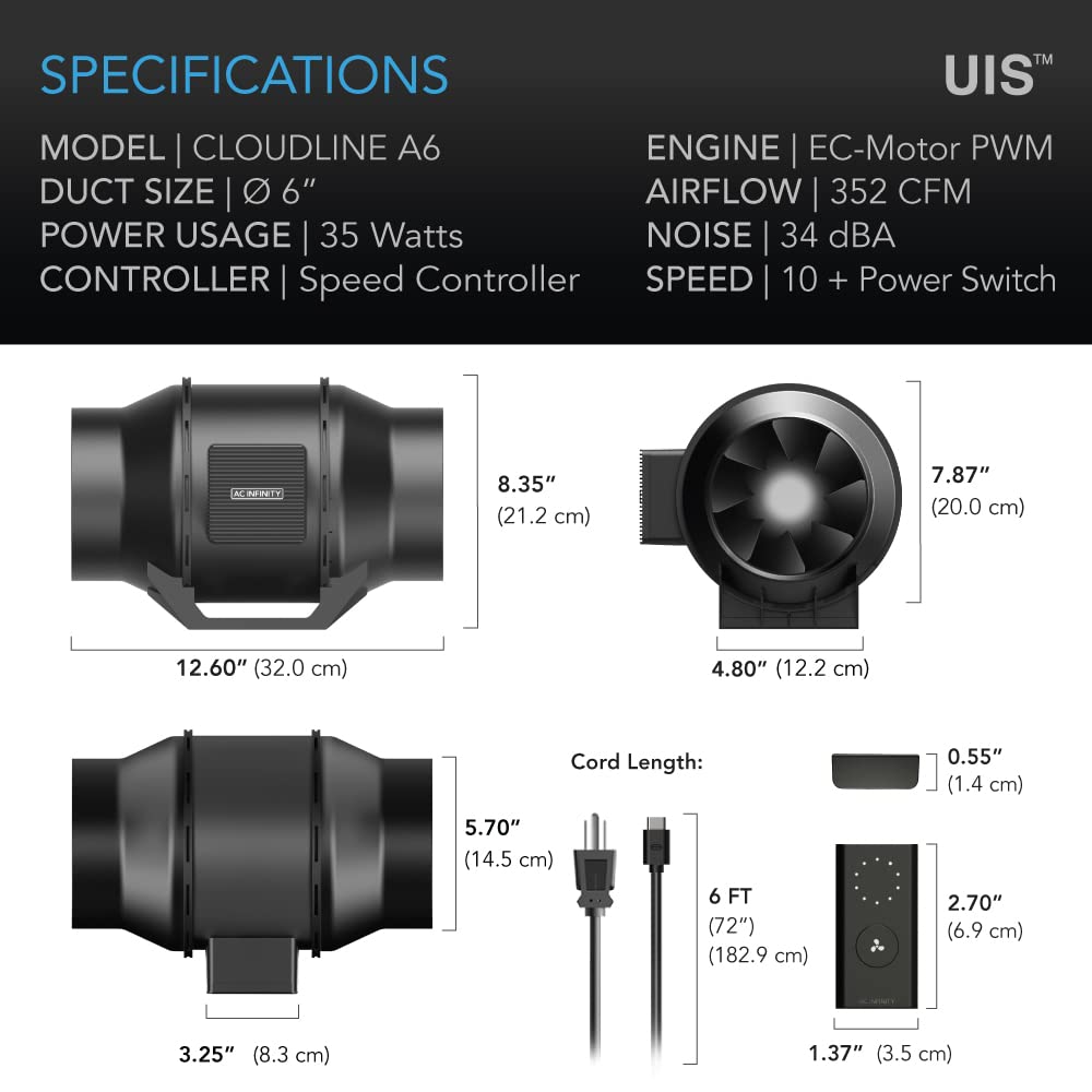 AC Infinity CLOUDLINE A6 352 CFM airflow supports effective exhaust and ventilation.